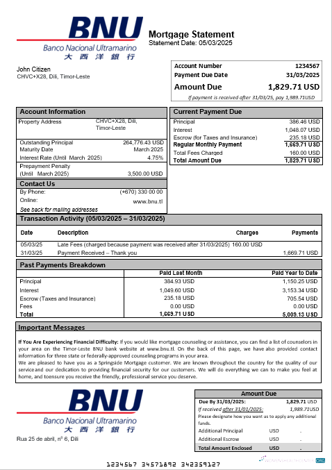 Download Timor Leste BNU bank mortgage statement in Word and PDF formats Photoshop template